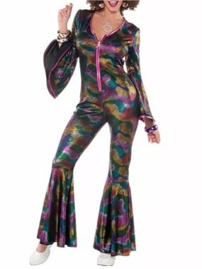 Boogie Down Halloween Lady’s Disco Jumpsuit 70s Psychedelic Shiny Sz S-M cosplay